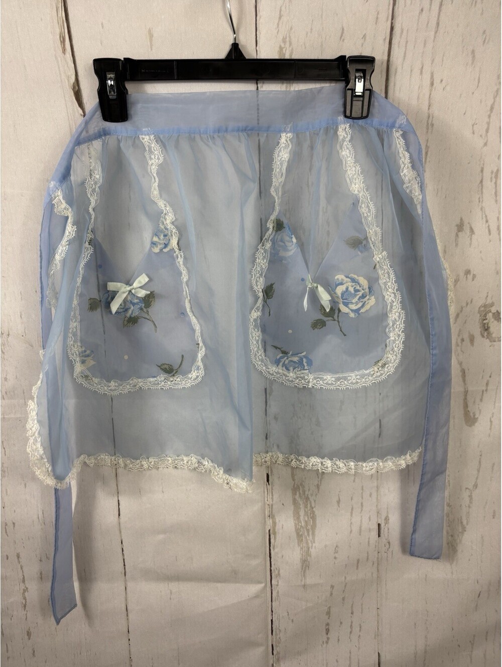 VTG 50s Hostess Half Apron Blue Organza White Trim Blue Roses Applications